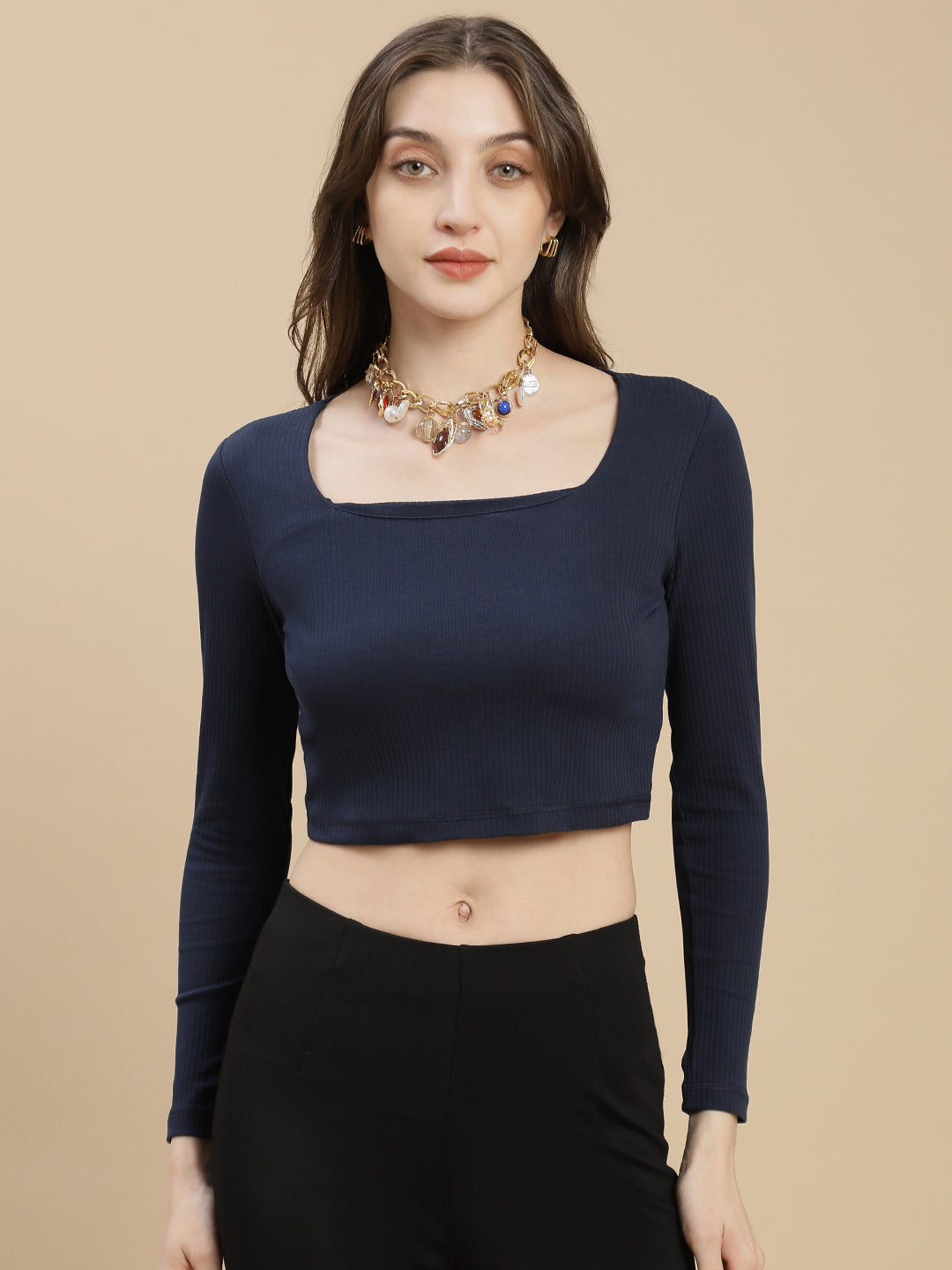 Women Navy Square Neck Rib Crop Top