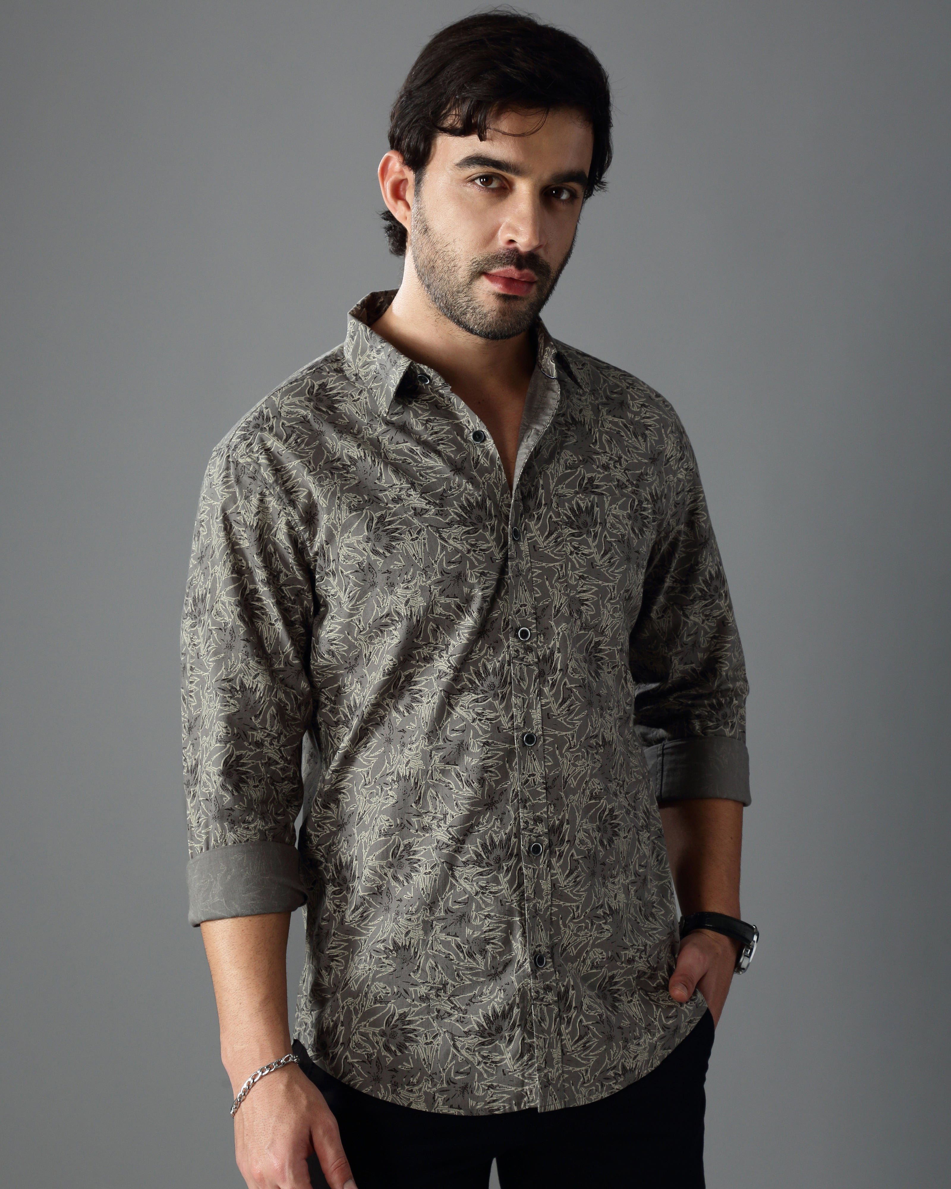 Men Grey Cotton Slim Shirt