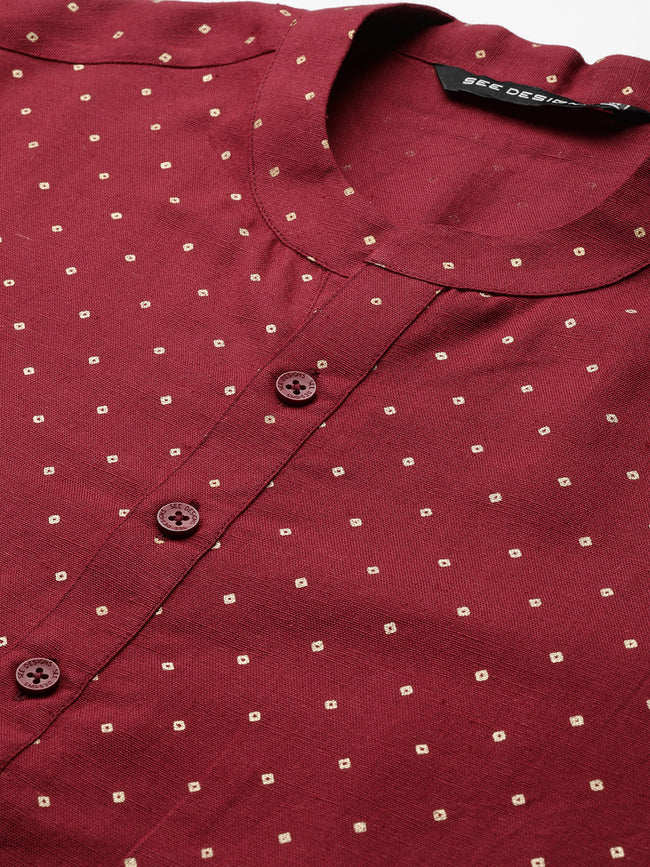 Men Maroon & Gold Printed Straight Kurta