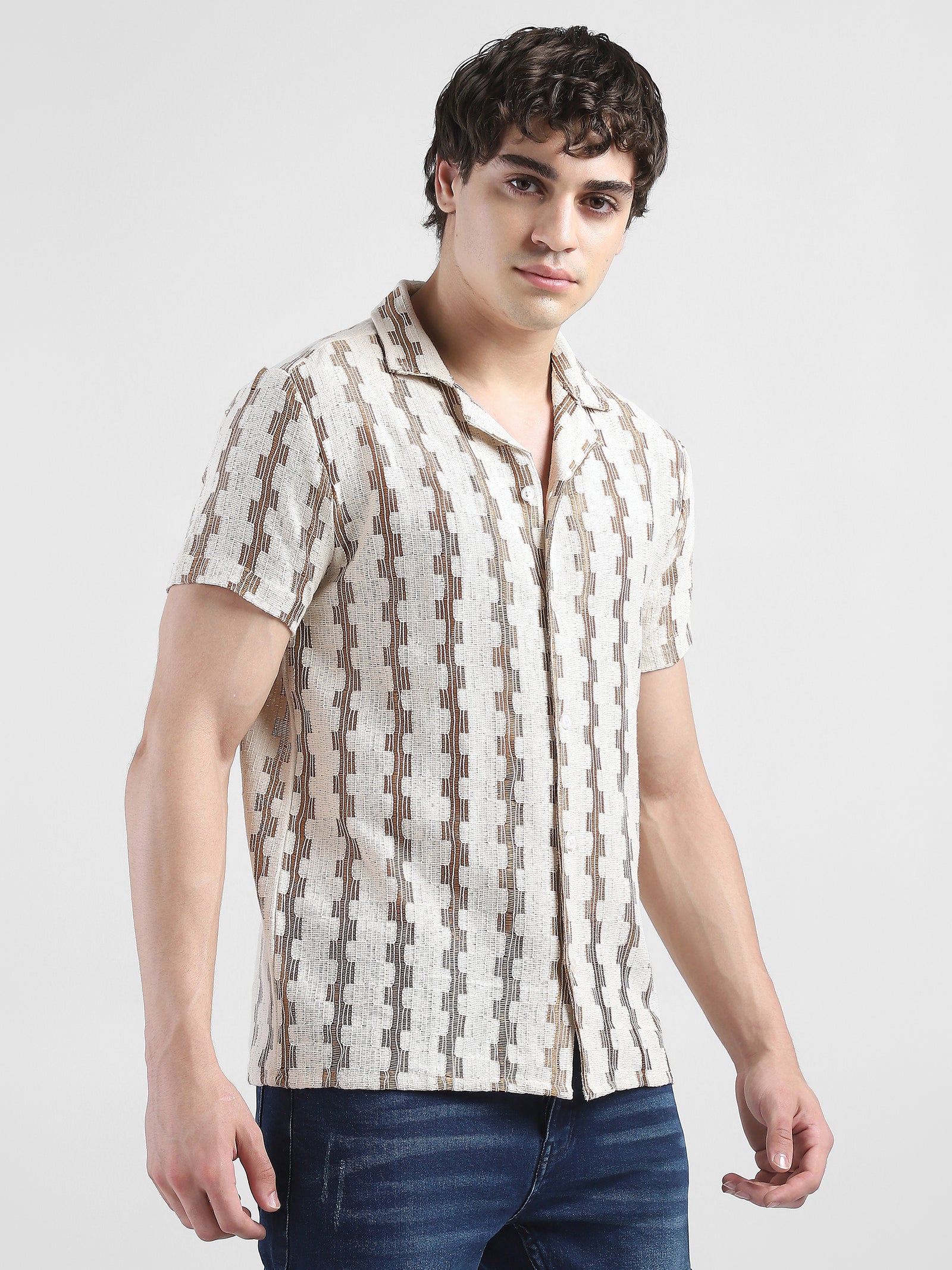 Men Lace See through Brown Casual Shirt