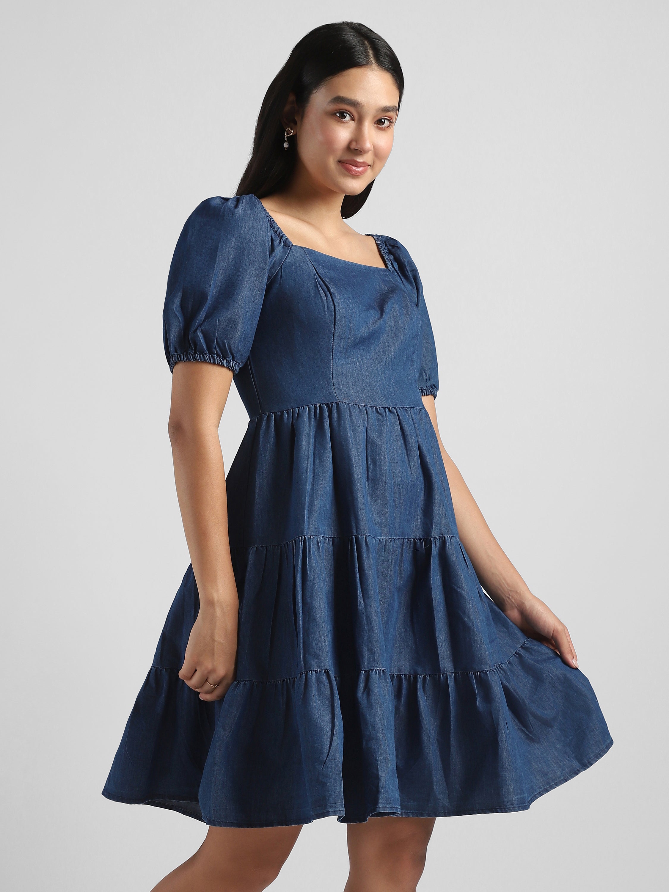 Women Blue Tier Denim Fit & Flare Dress
