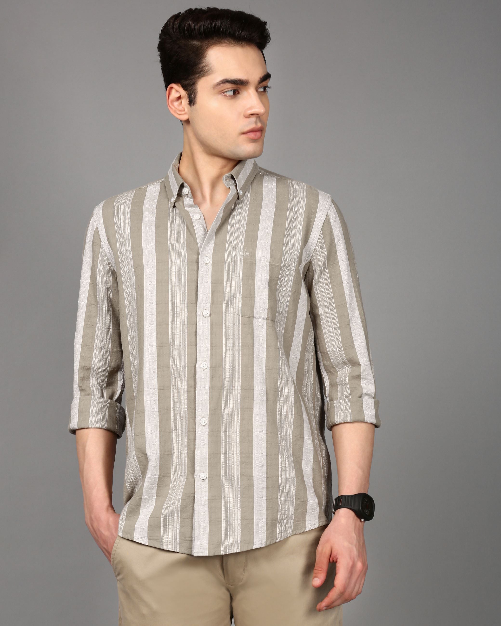 Men Olive Striped Shirt