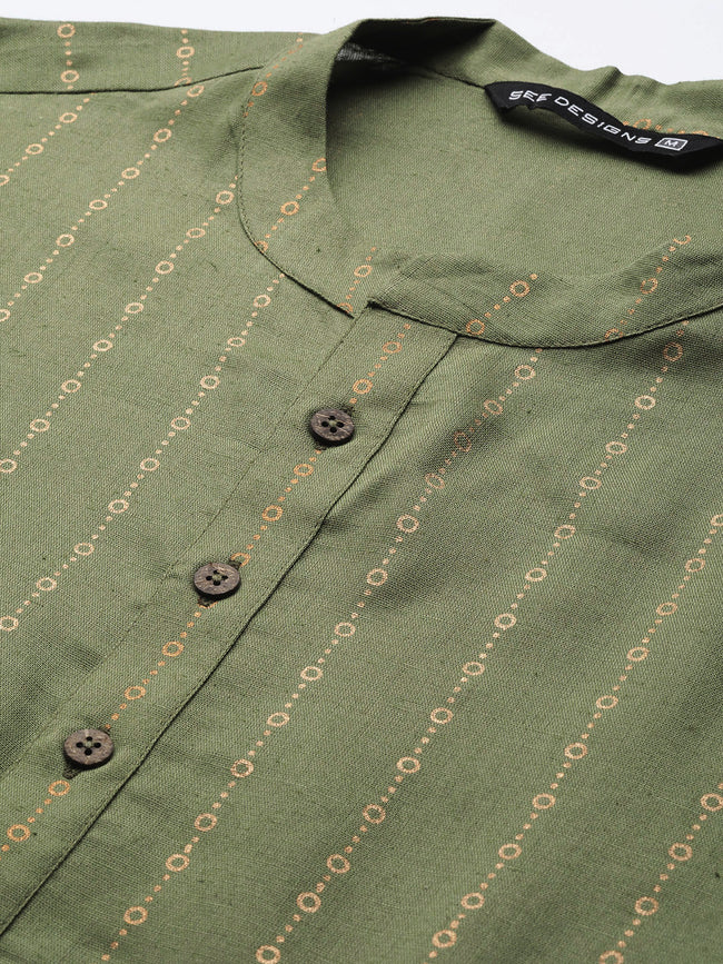 Men Green & Gold Stripe Printed Straight Kurta