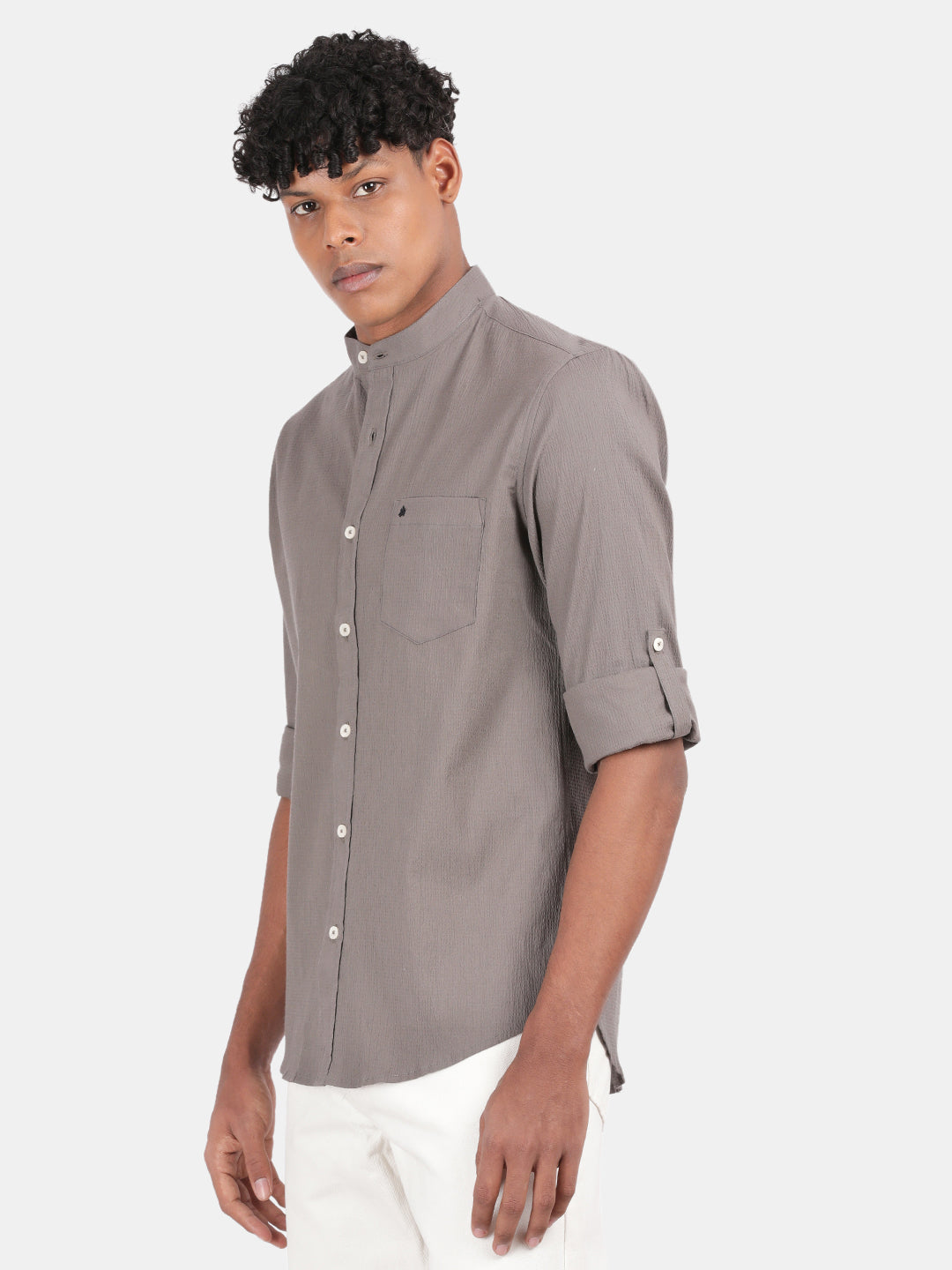 Men Dark Grey Slim Fit Mandarin Collar Full Sleeve Casual Shirt