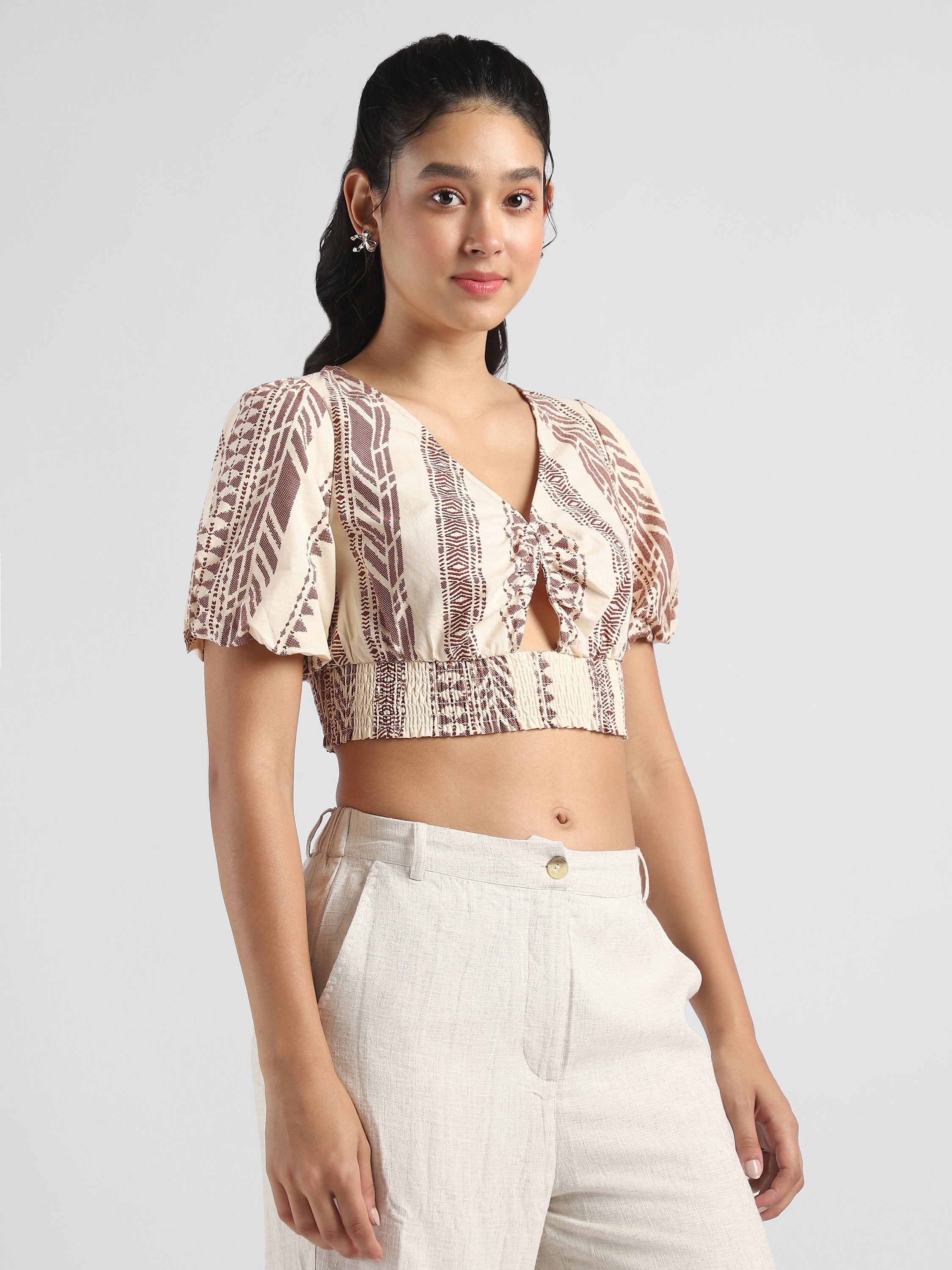 Women Beige Printed Crop Top