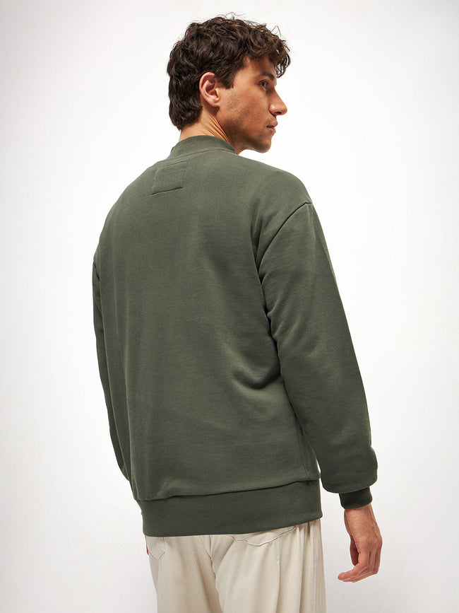 Men Olive Solid Relax Fit High Neck Sweatshirt