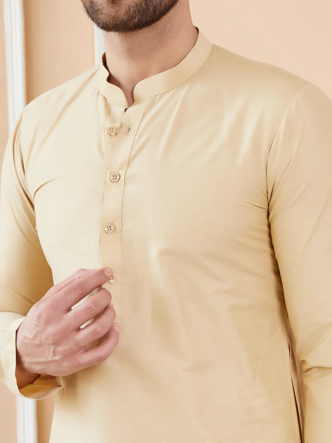 Men Cream Cotton Solid Straight Kurta