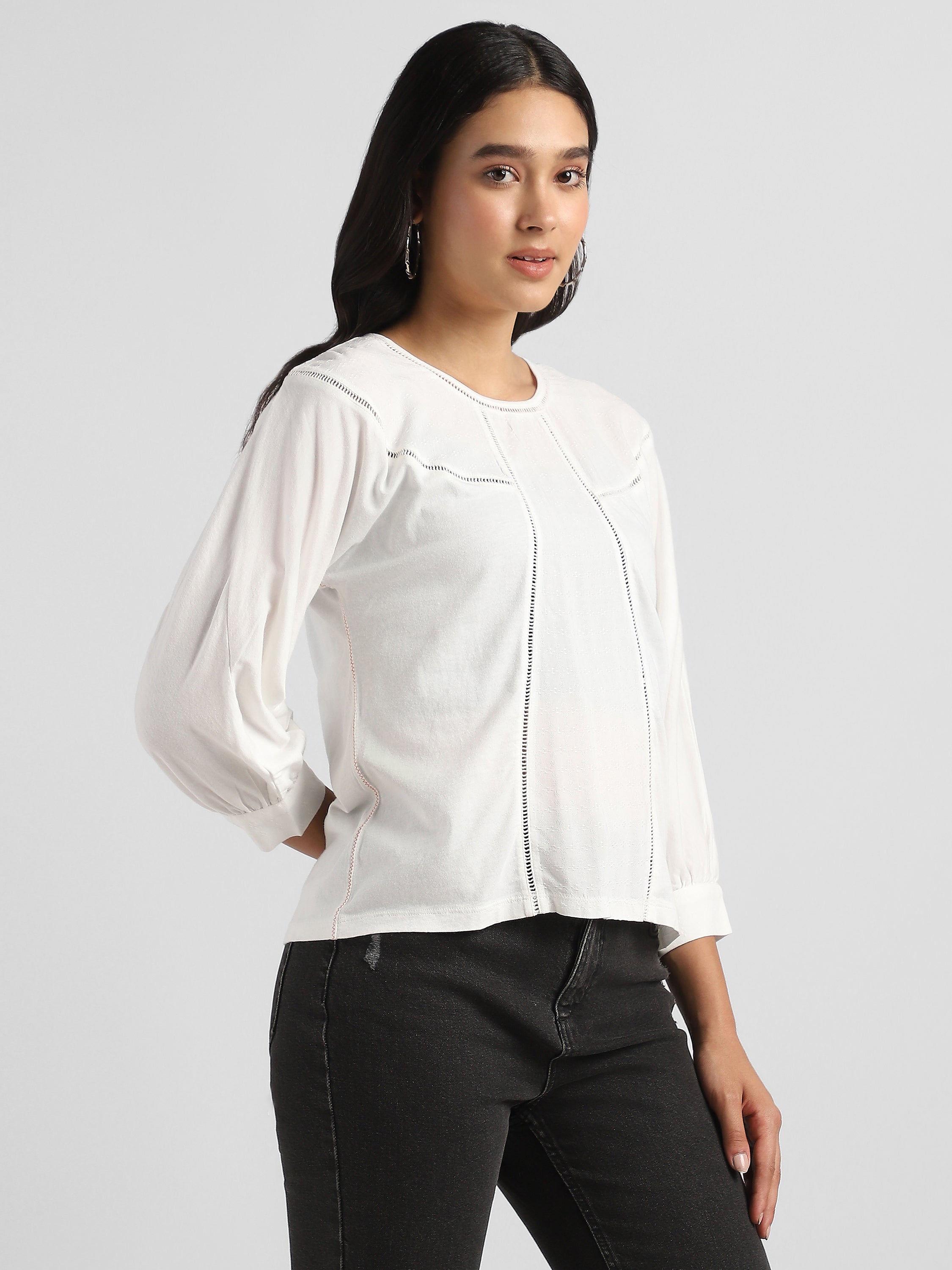 Women White Elegant Top with Balloon Sleeves and Lace Inserts