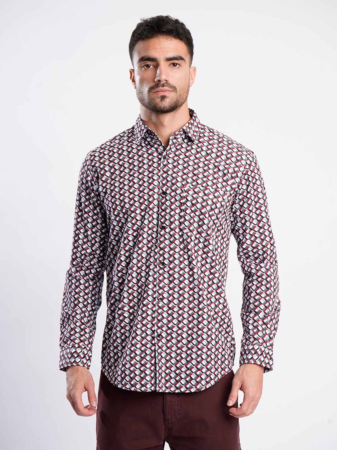 Men Geometric Print Single Pocket Shirt