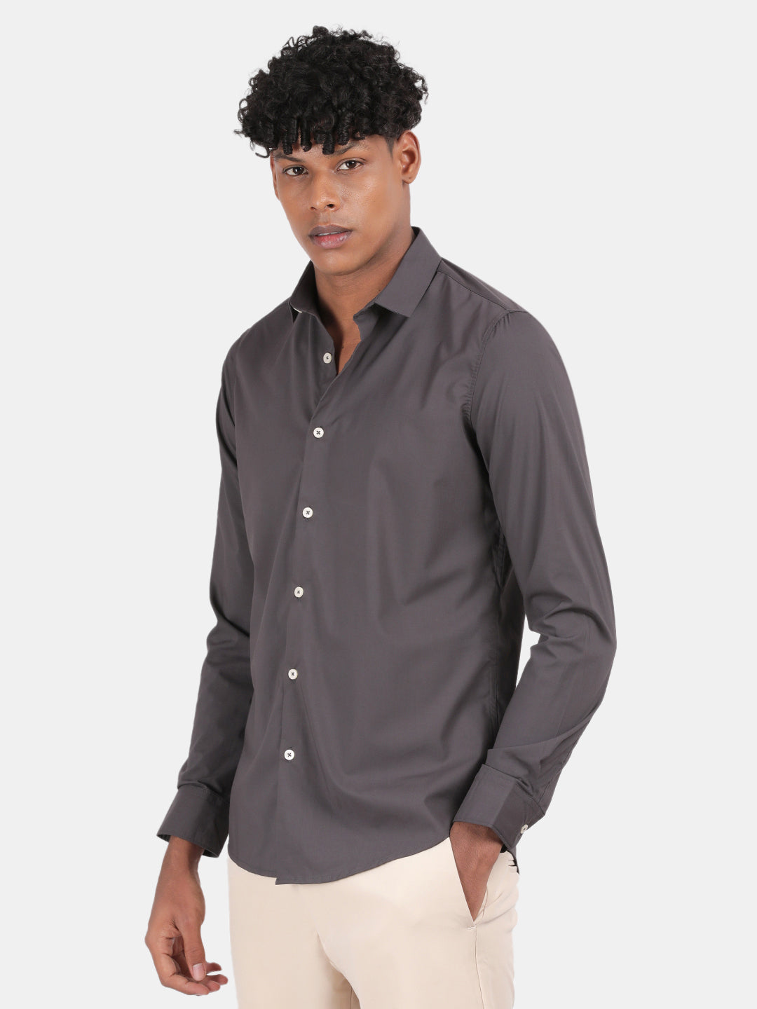 Men Dark Grey Slim Fit Spread Collar Full Sleeve Casual Shirt