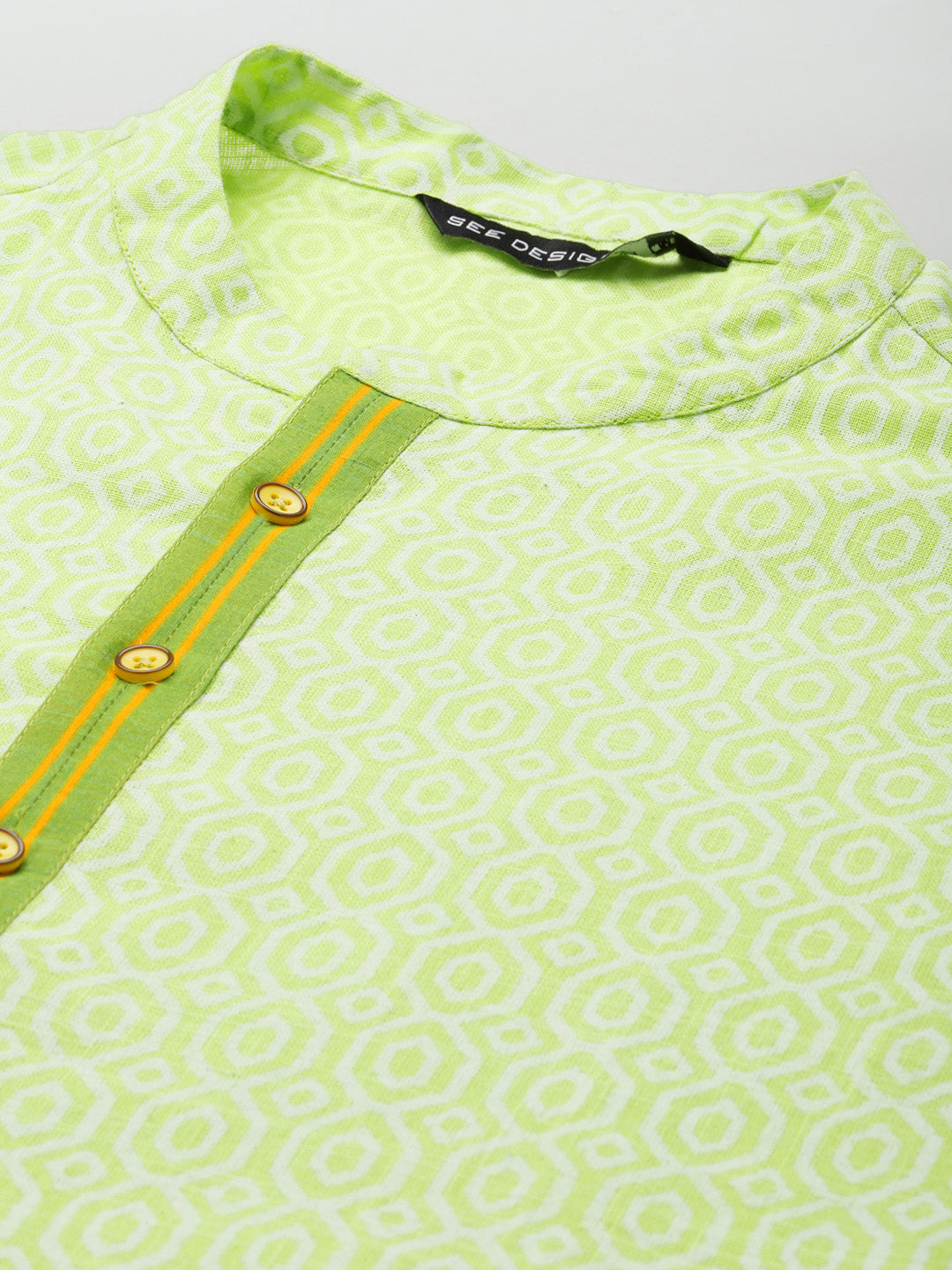 Men Lime Green & White Cotton Kurta