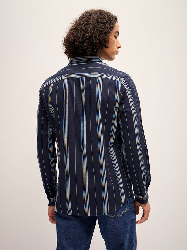 Men Blue Stripe Slim Fit Casual Shirt