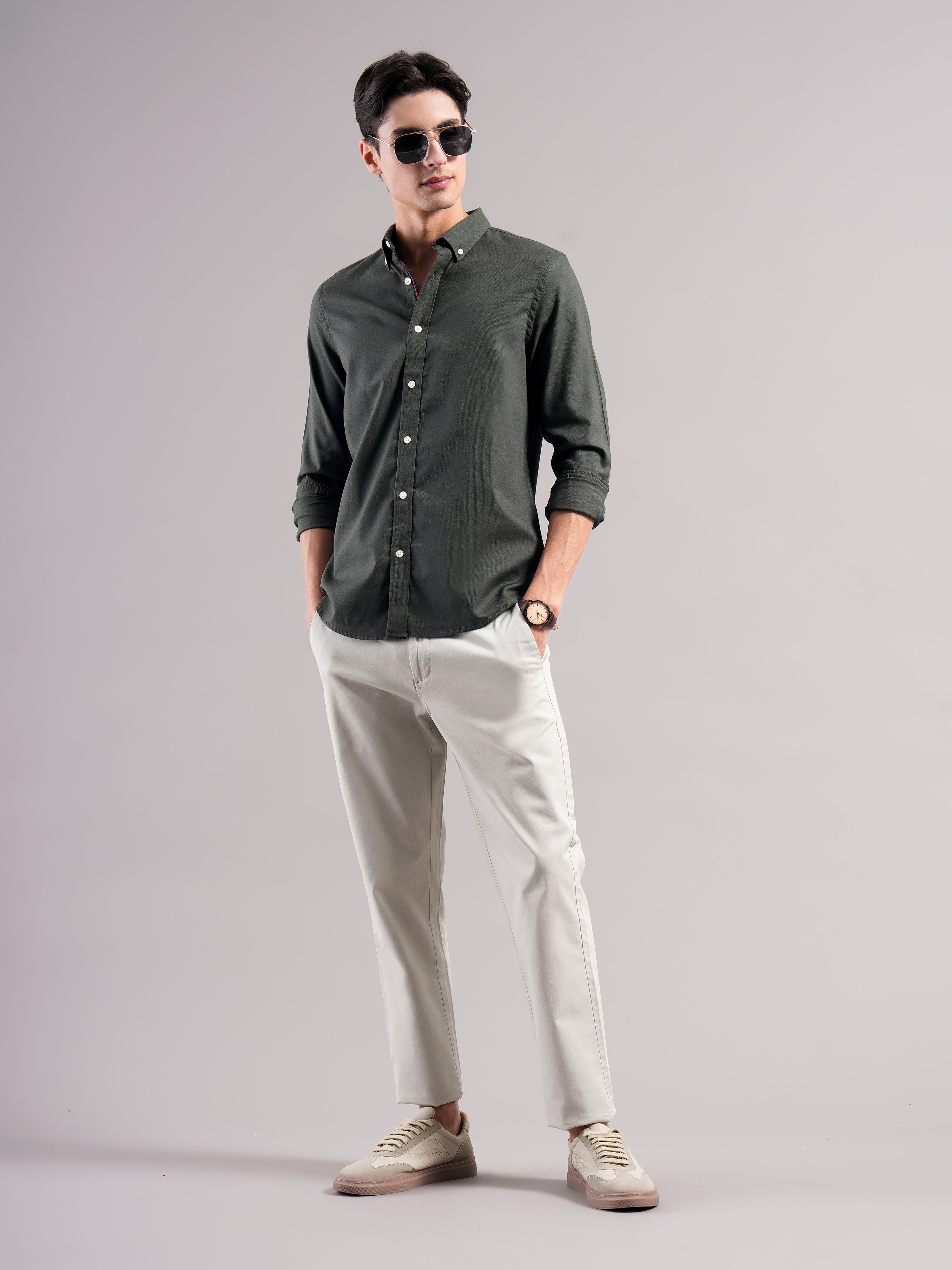Men Olive Solid Casual Shirt