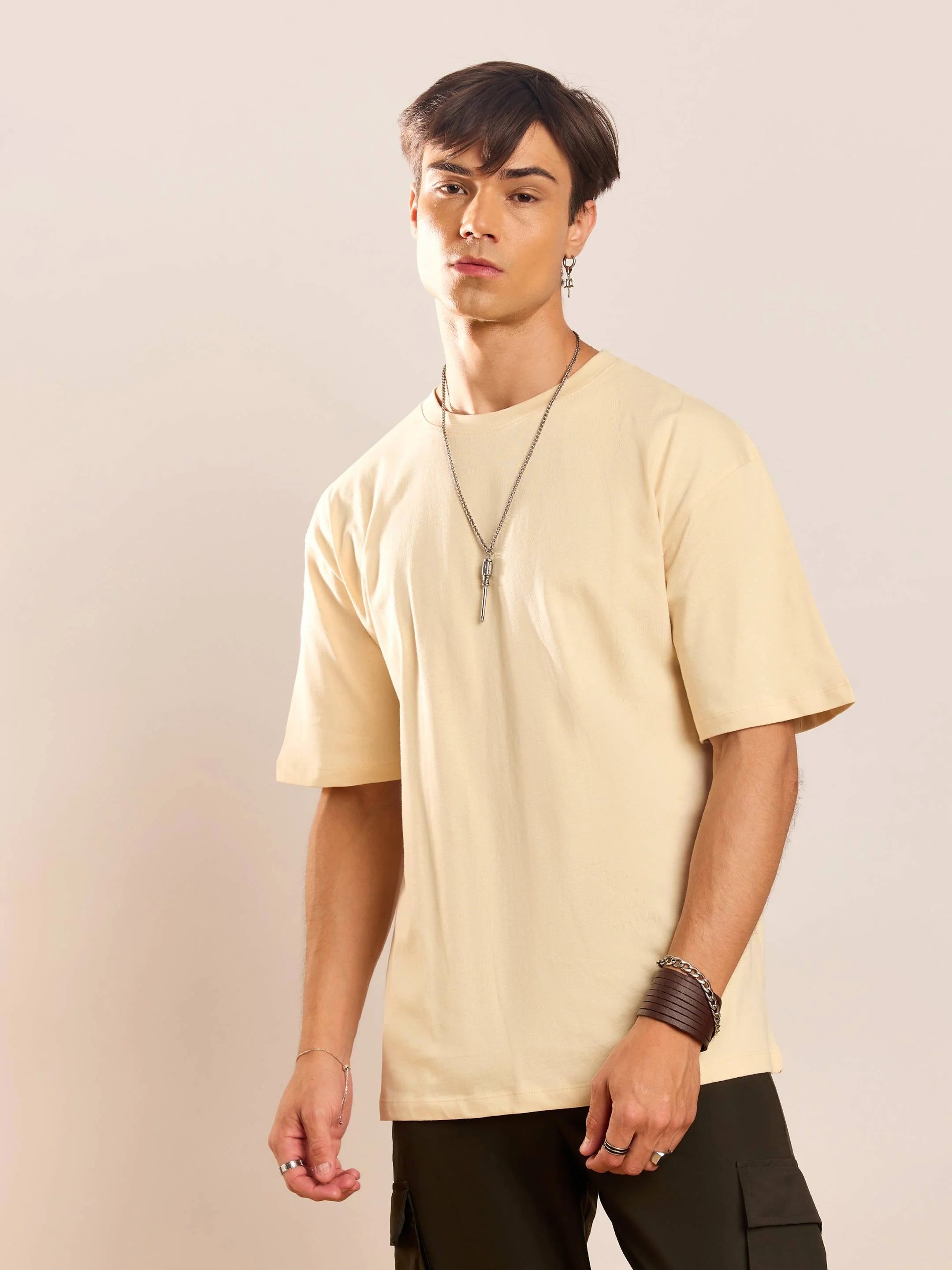 Beige Floral Back Print Oversized T-Shirt