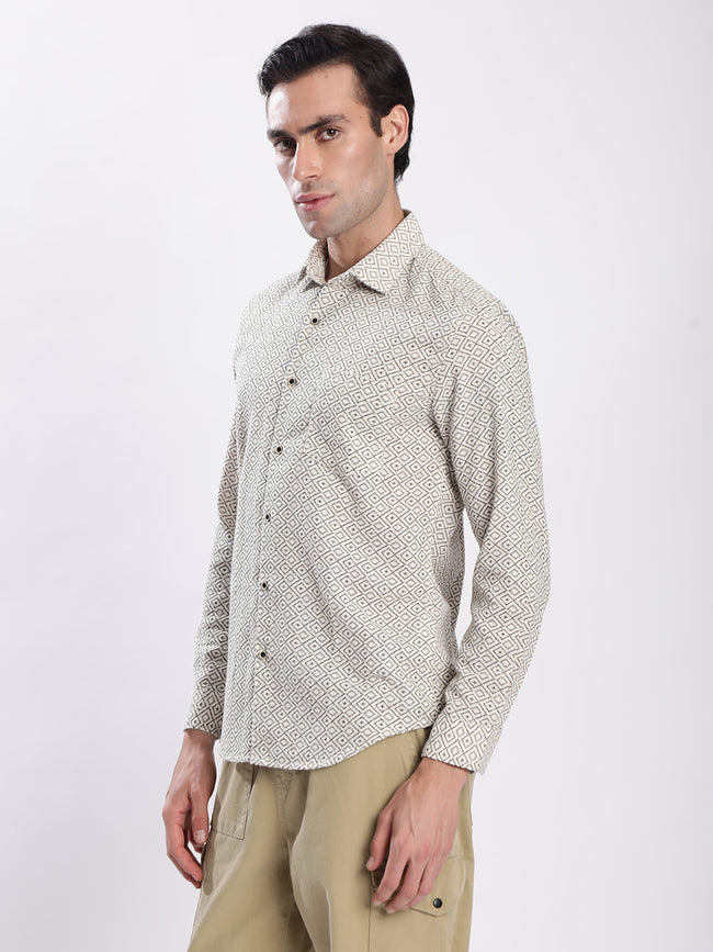 Men Beige Geometric Print Single Pocket Shirt