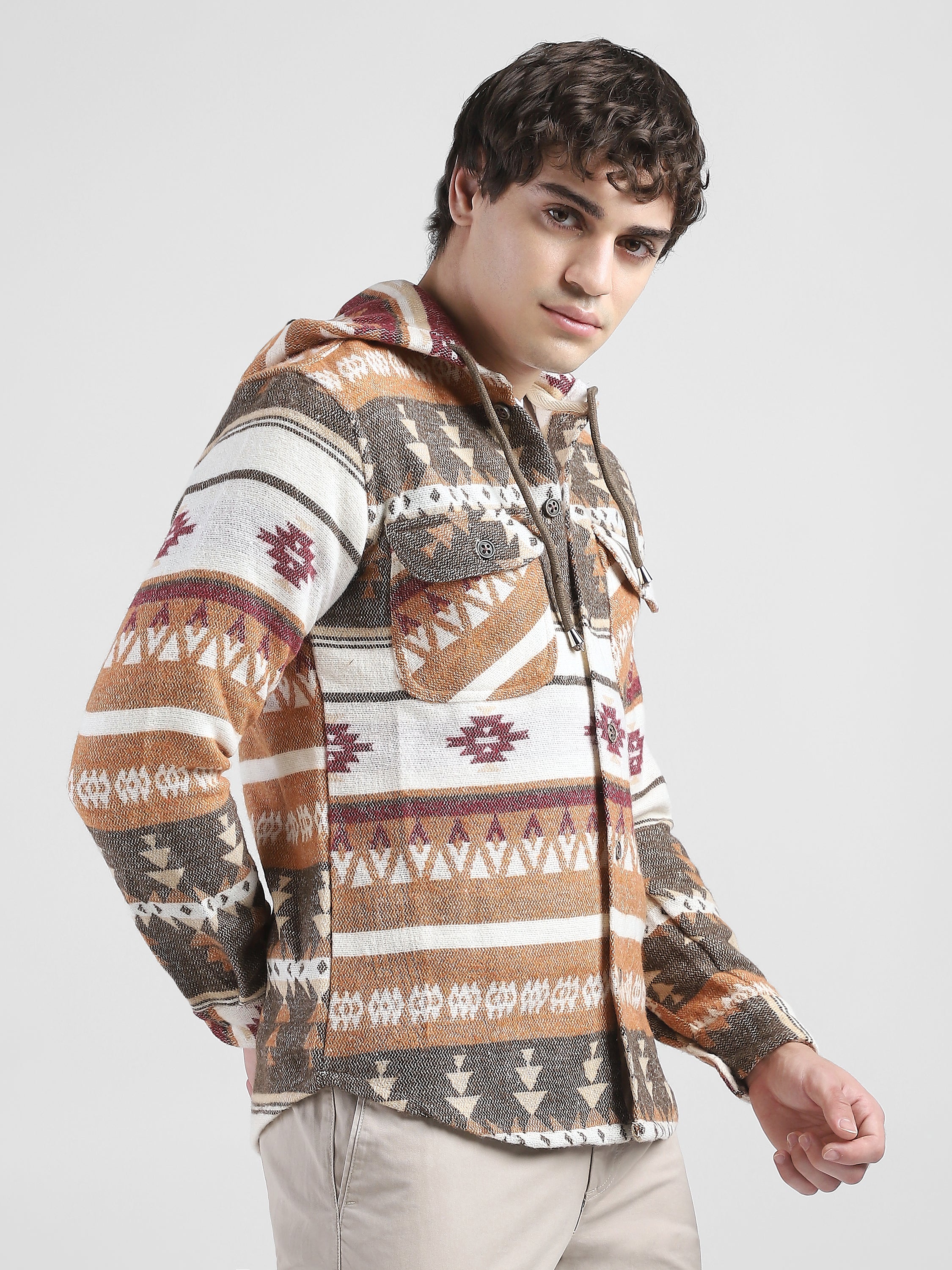 Men Orange Brown Comfort Fit Shacket