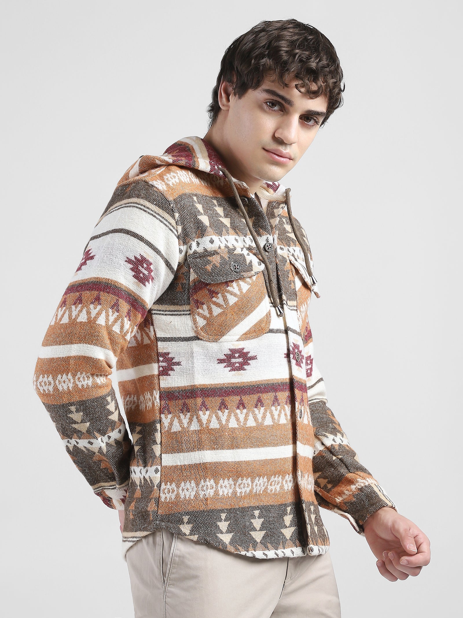 Men Orange Brown Comfort Fit Shacket