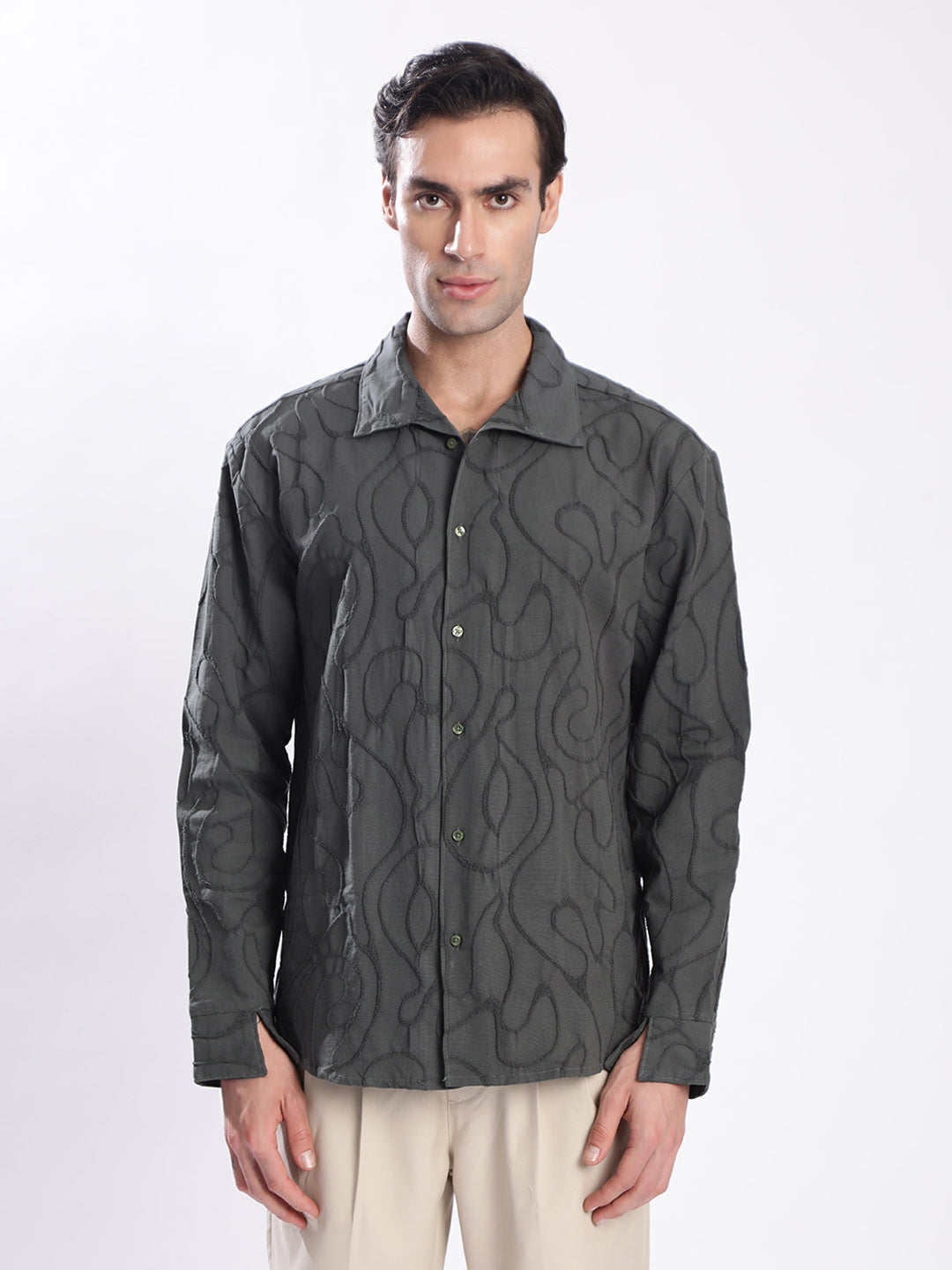 Men Olive Textured Shirt with stylized Collar