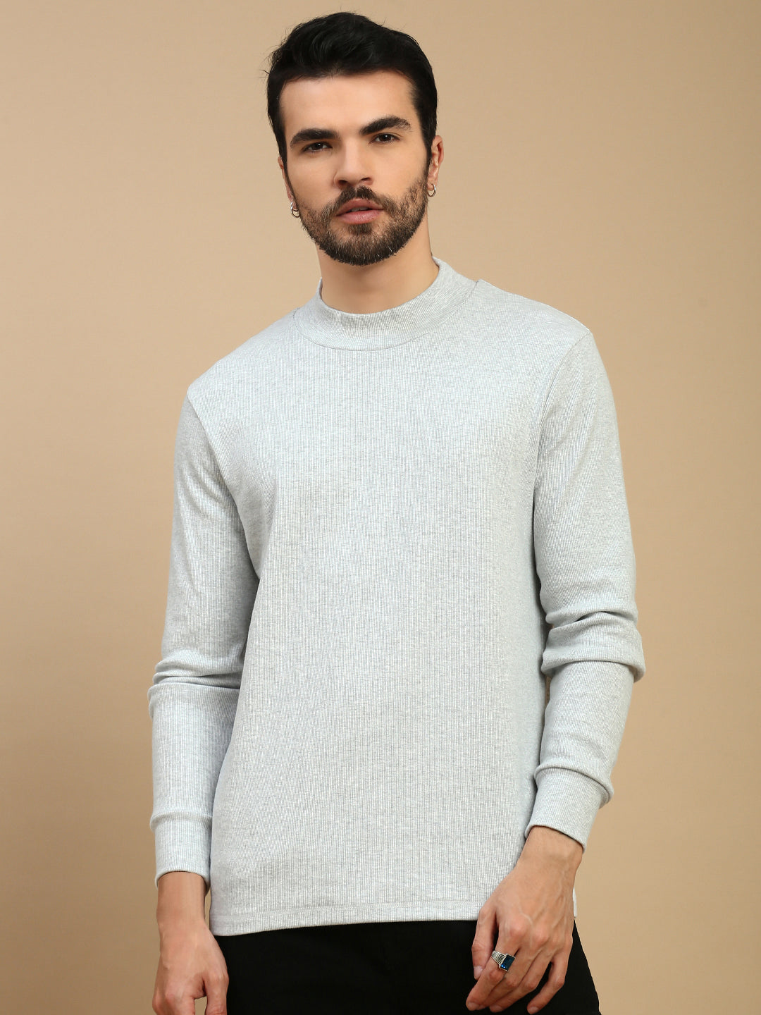 Men White High Neck T-Shirt