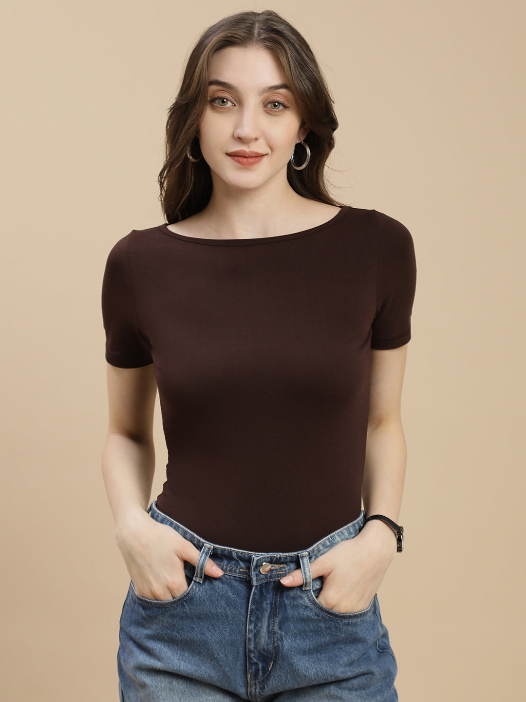 Women Brown Boat Neck Top