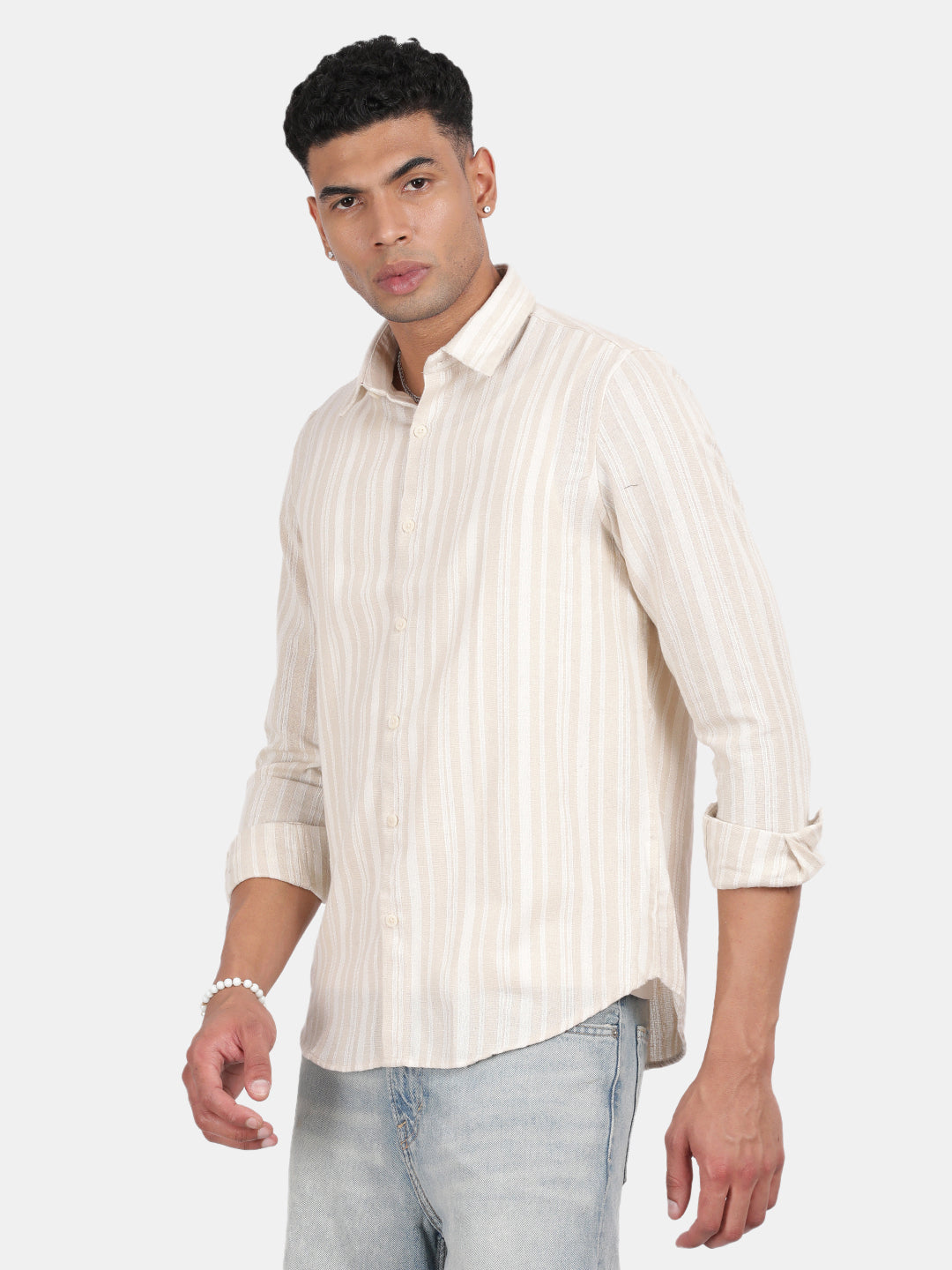 Men Cream Slim Fit Spread Collar Full Sleeve Casual Shirt