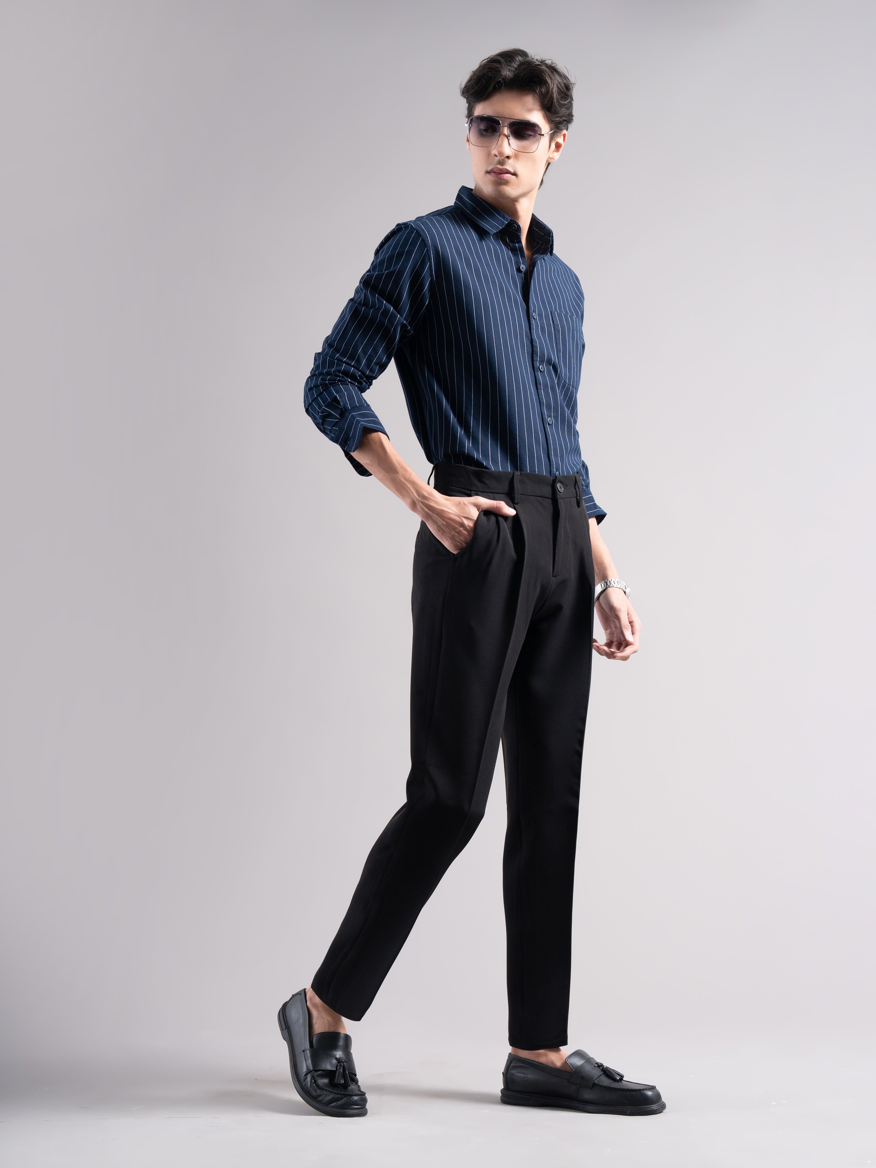 Men Black Pleated Chinos Trousers