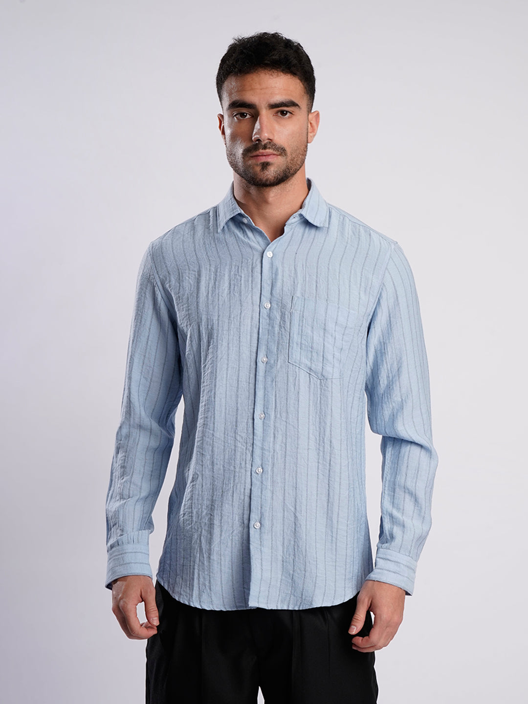 Men Blue Striped Single Pocket Shirt