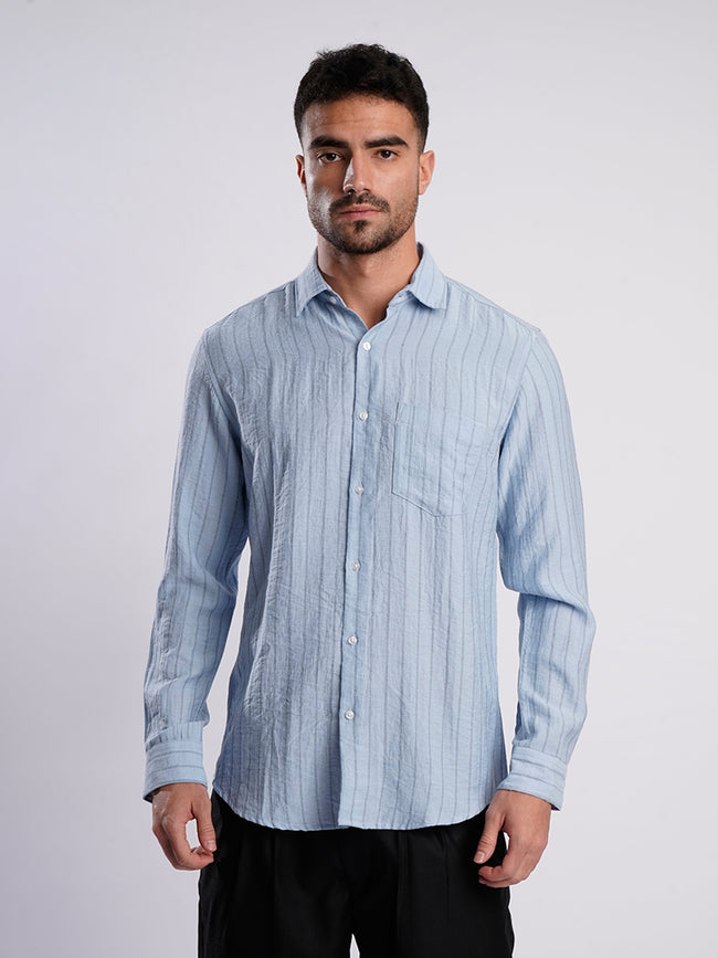 Men Blue Striped Single Pocket Shirt