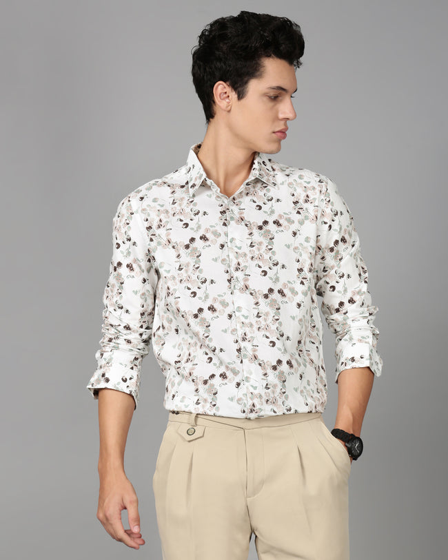 Men White Floral Print Shirt