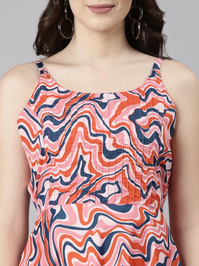 Women Cream Abstract Print Fit & Flare Midi Dress
