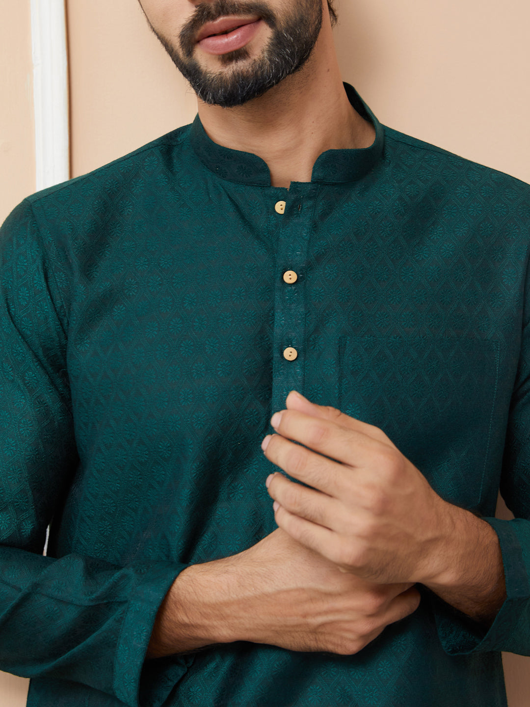 Men Green Ethnic Motifs Silk Jacquard Woven Design Straight Kurta