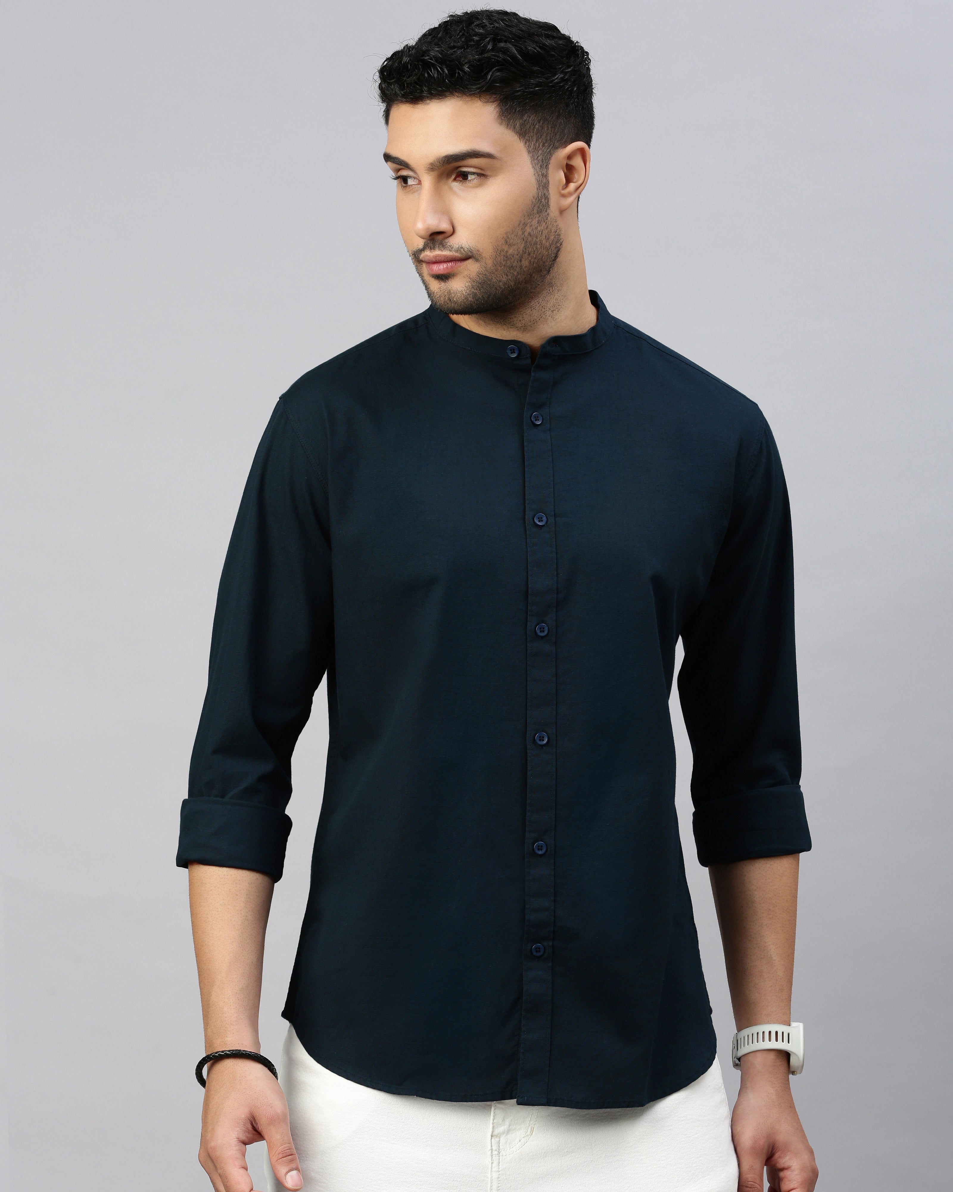 Men Navy Blue Cotton Slim Shirt