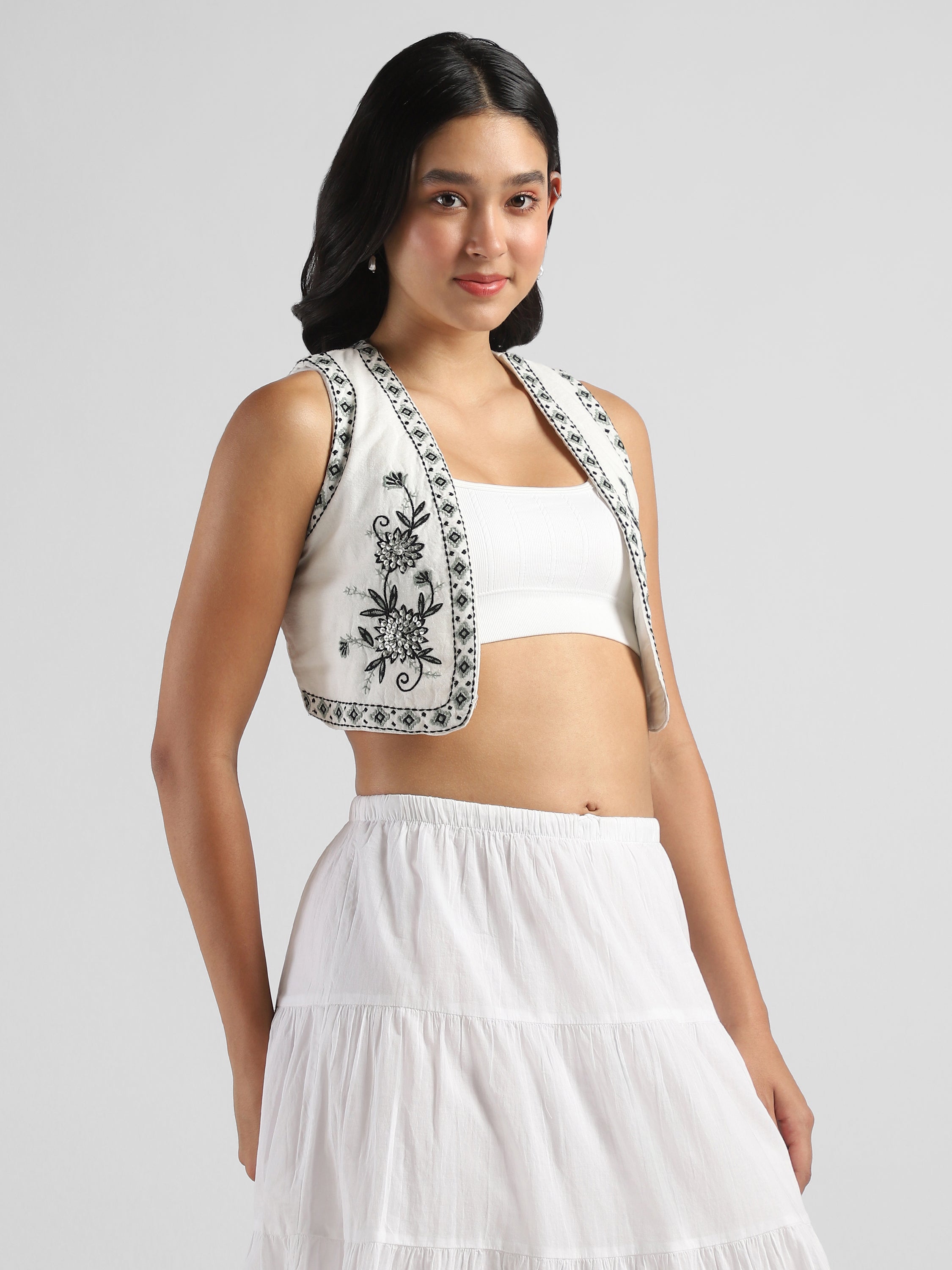 Women White & Black Printed Embroidered Short Jacket