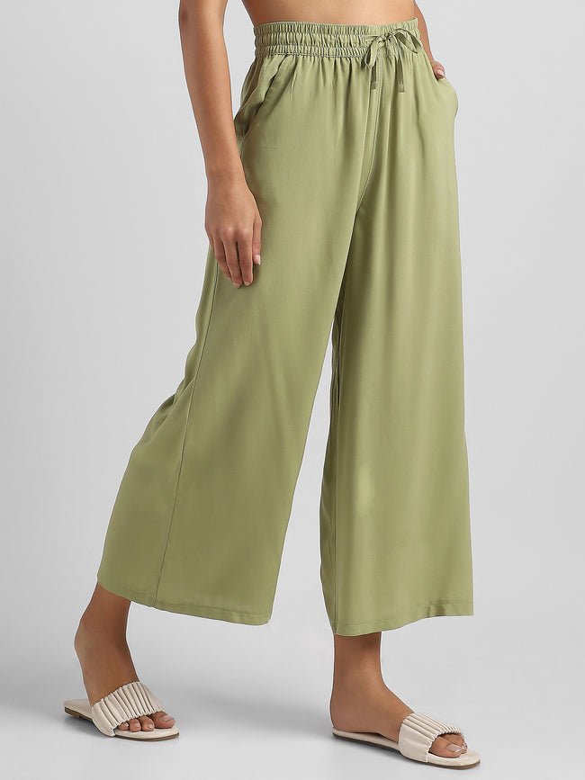 Women White Flowy Wide-Leg Pants with Drawstring