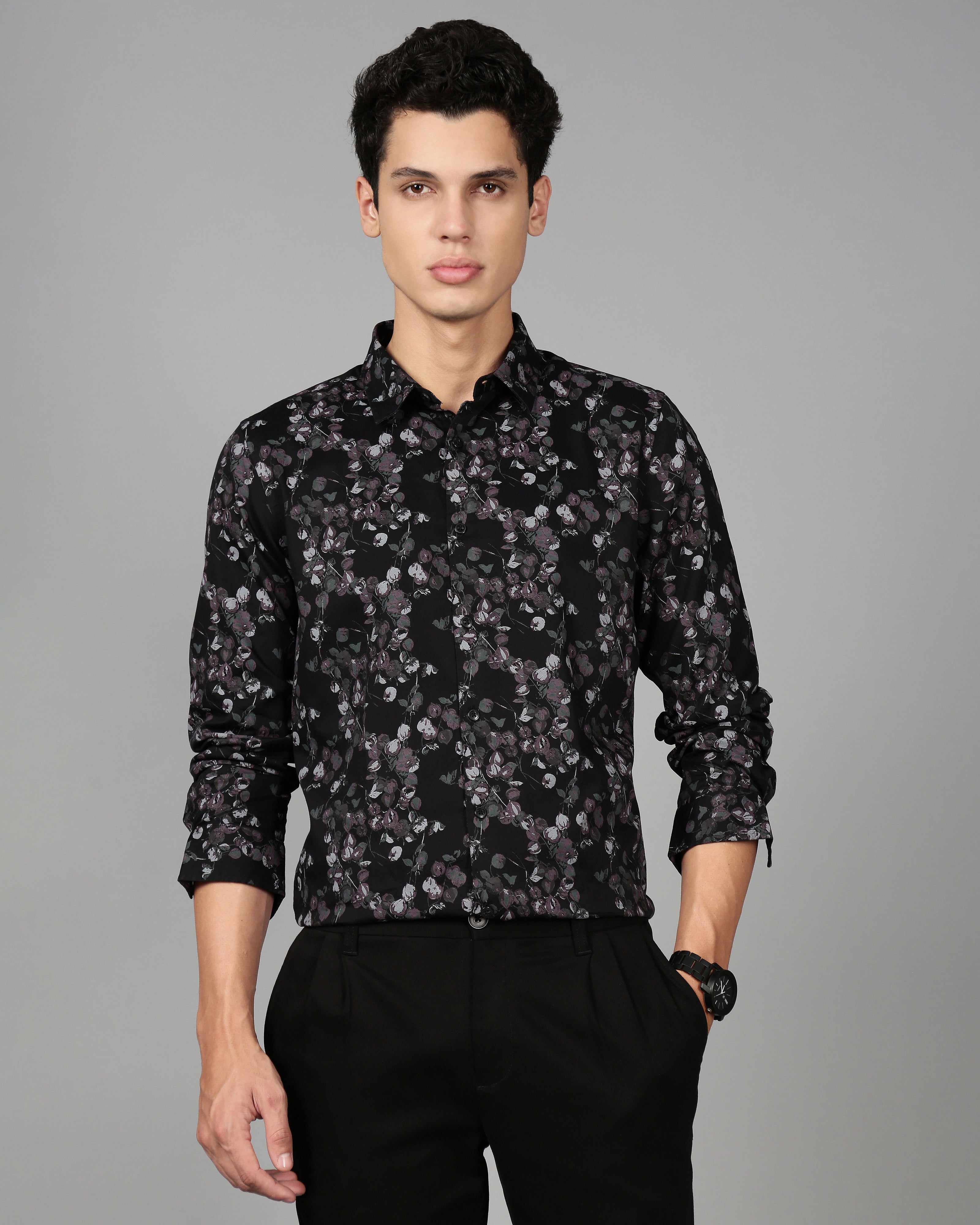 Men Black Floral Print Shirt