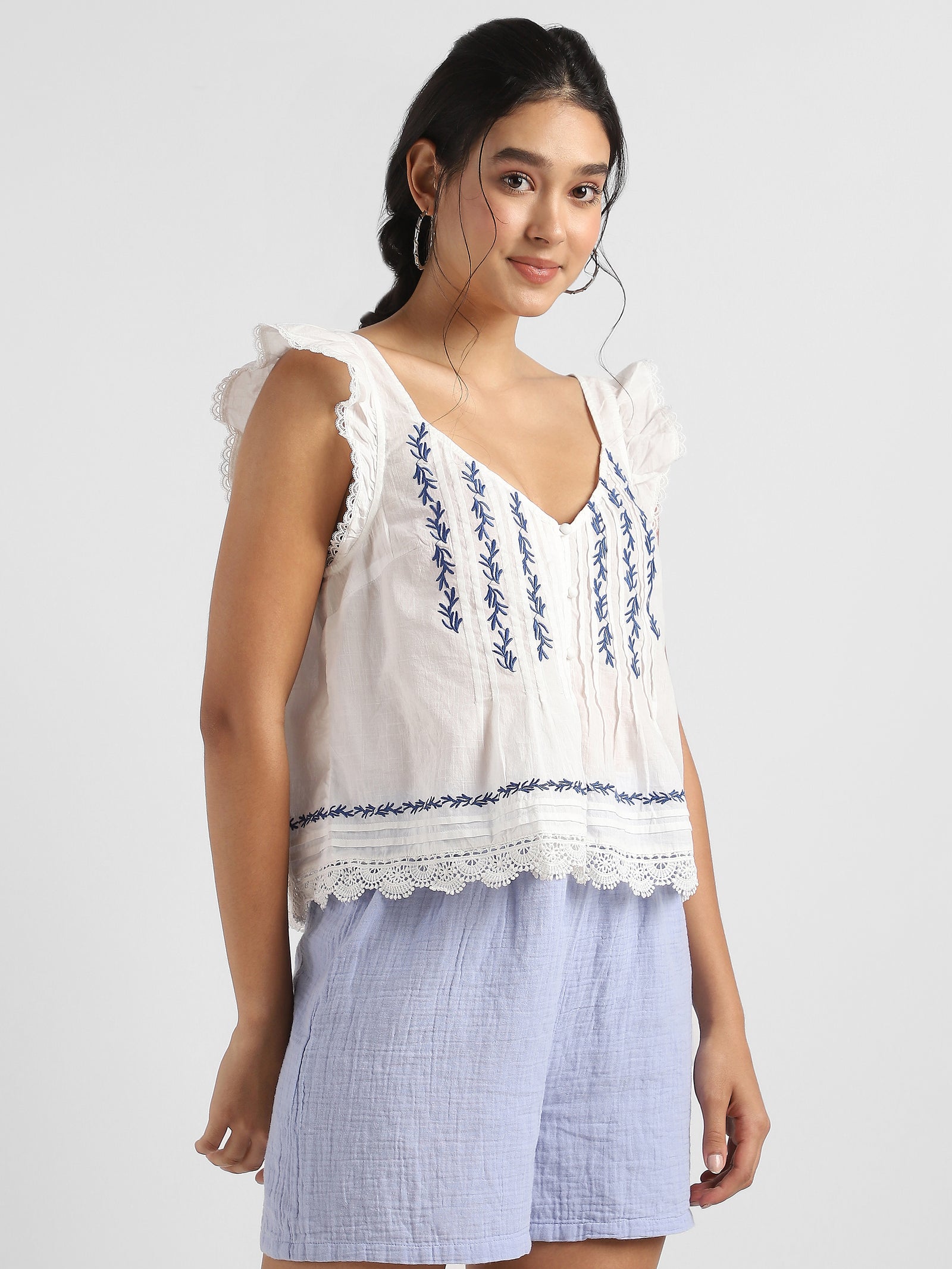 Women White and Blue Embroidered Laced Top