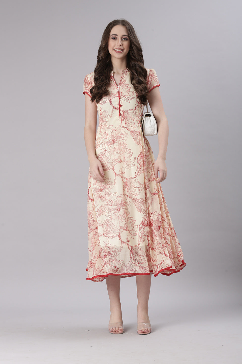 Women Cream Floral Tiered Midi Dress