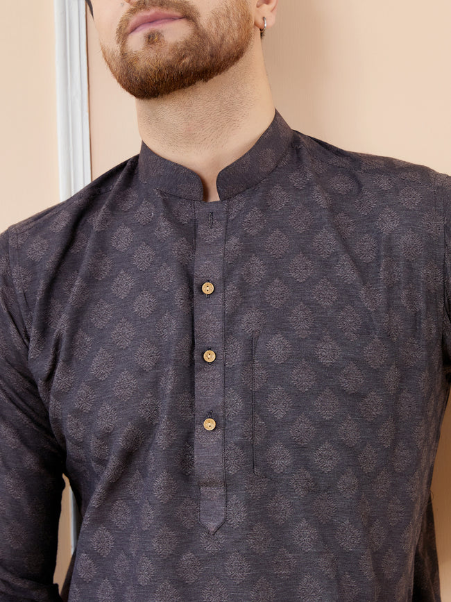 Men Black Ethnic Motifs Silk Jacquard Woven Design Straight Kurta