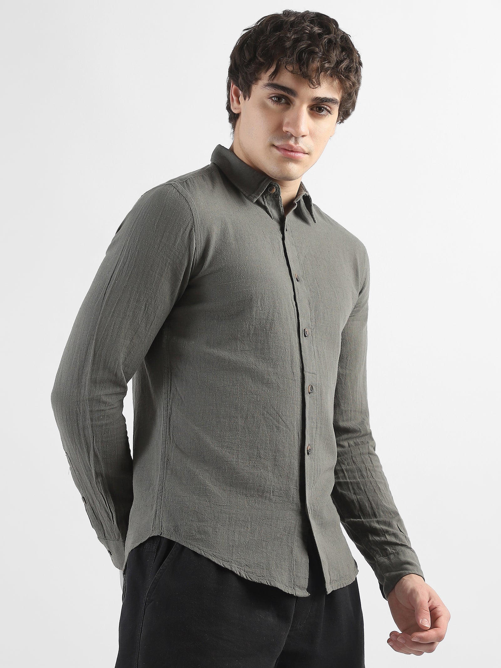 Men Olive Cotton Linen Shirt