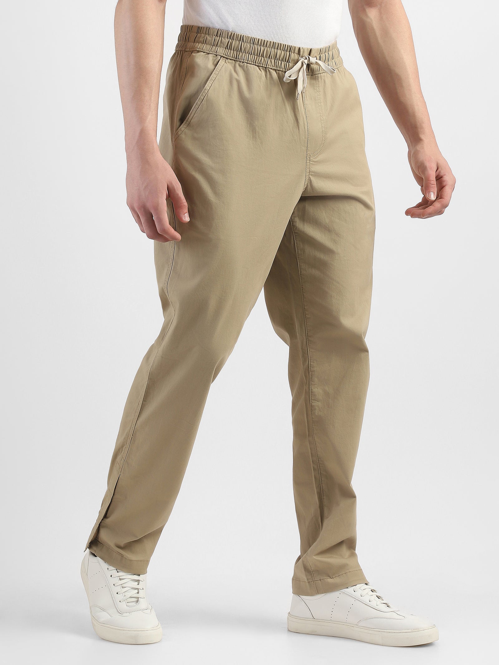 Men Beige Mid Rise Cotton Blend Pants