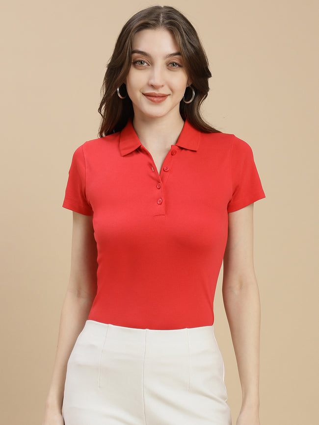 Women Red Polo Top