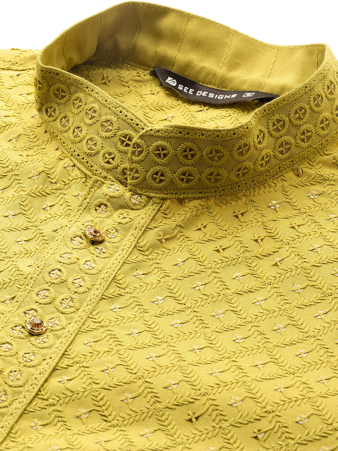 Men Lime Green Embroidered Sequined Rayon Kurta