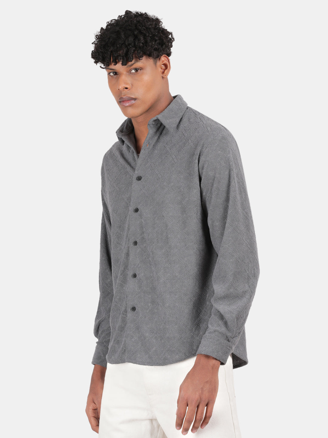 Men Grey Slim Fit Spread Collar Full Sleeve Casual Shirt