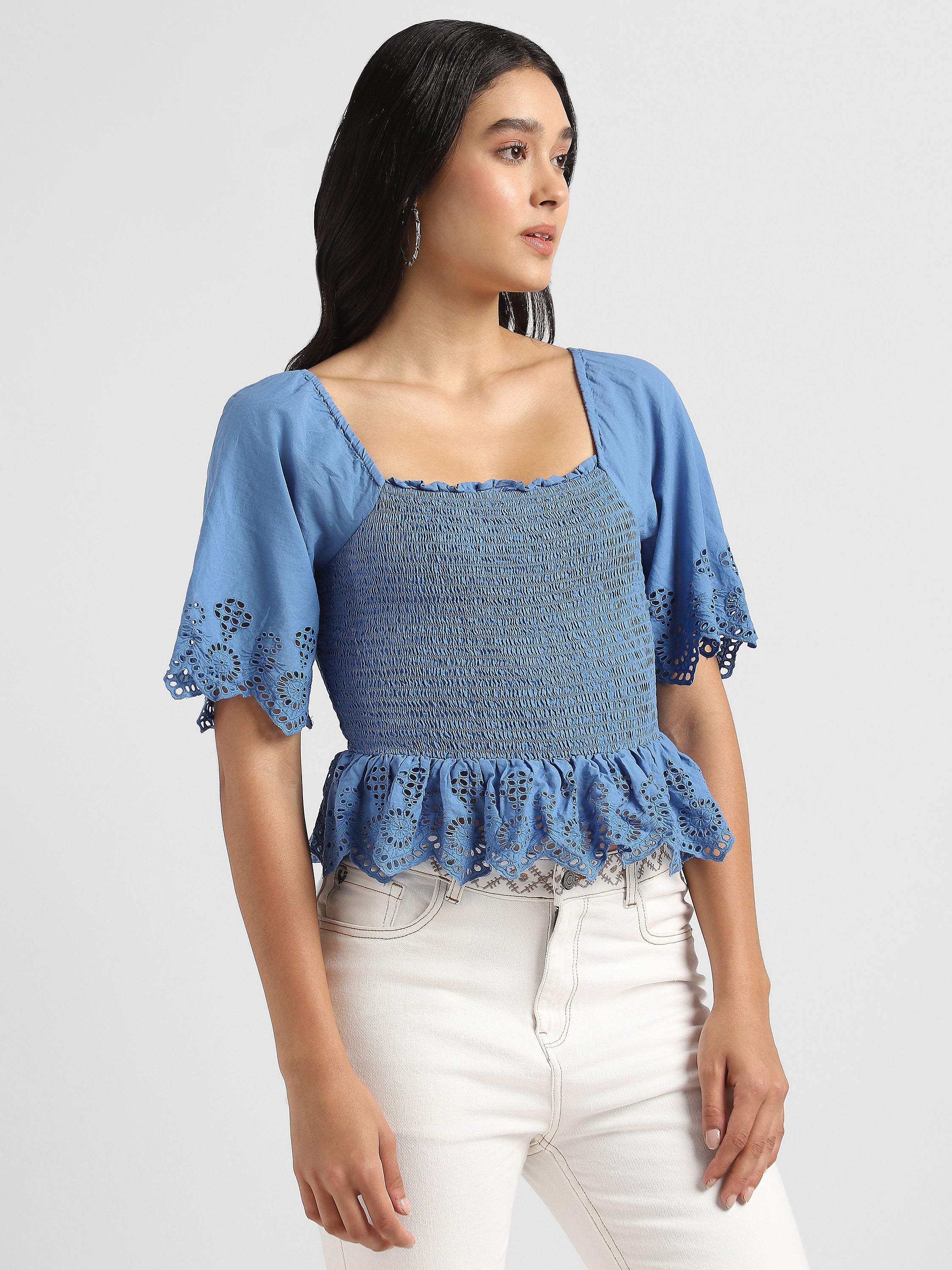 Women Blue Smocked Shiffli Crop Top