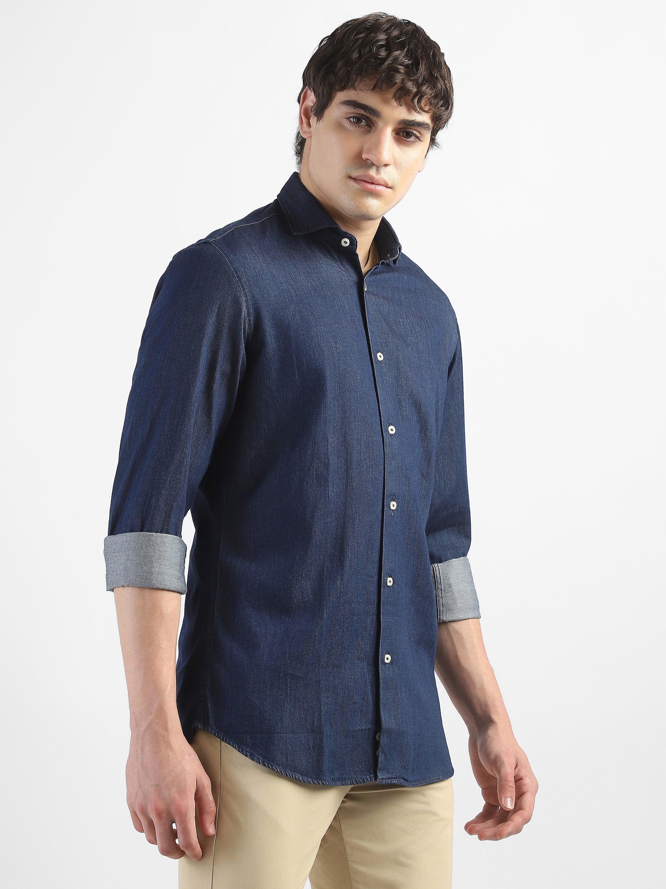 Men Denim Navy Blue Regular Fit Shirt