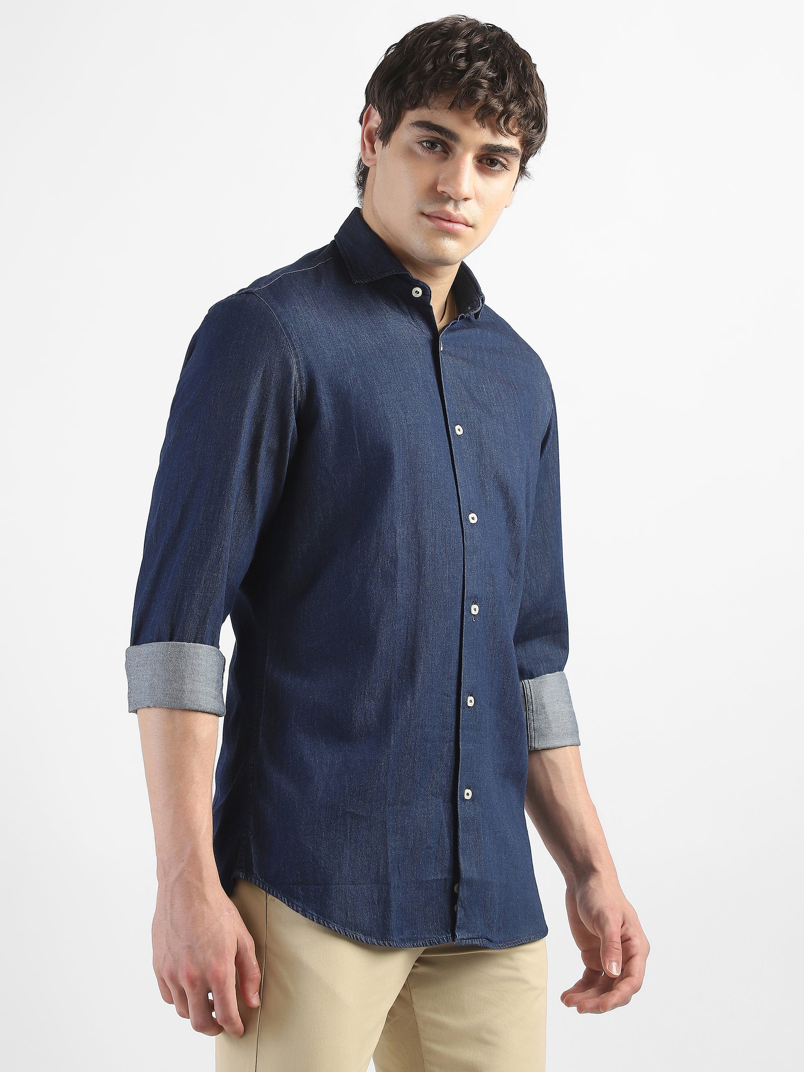 Men Denim Navy Blue Regular Fit Shirt