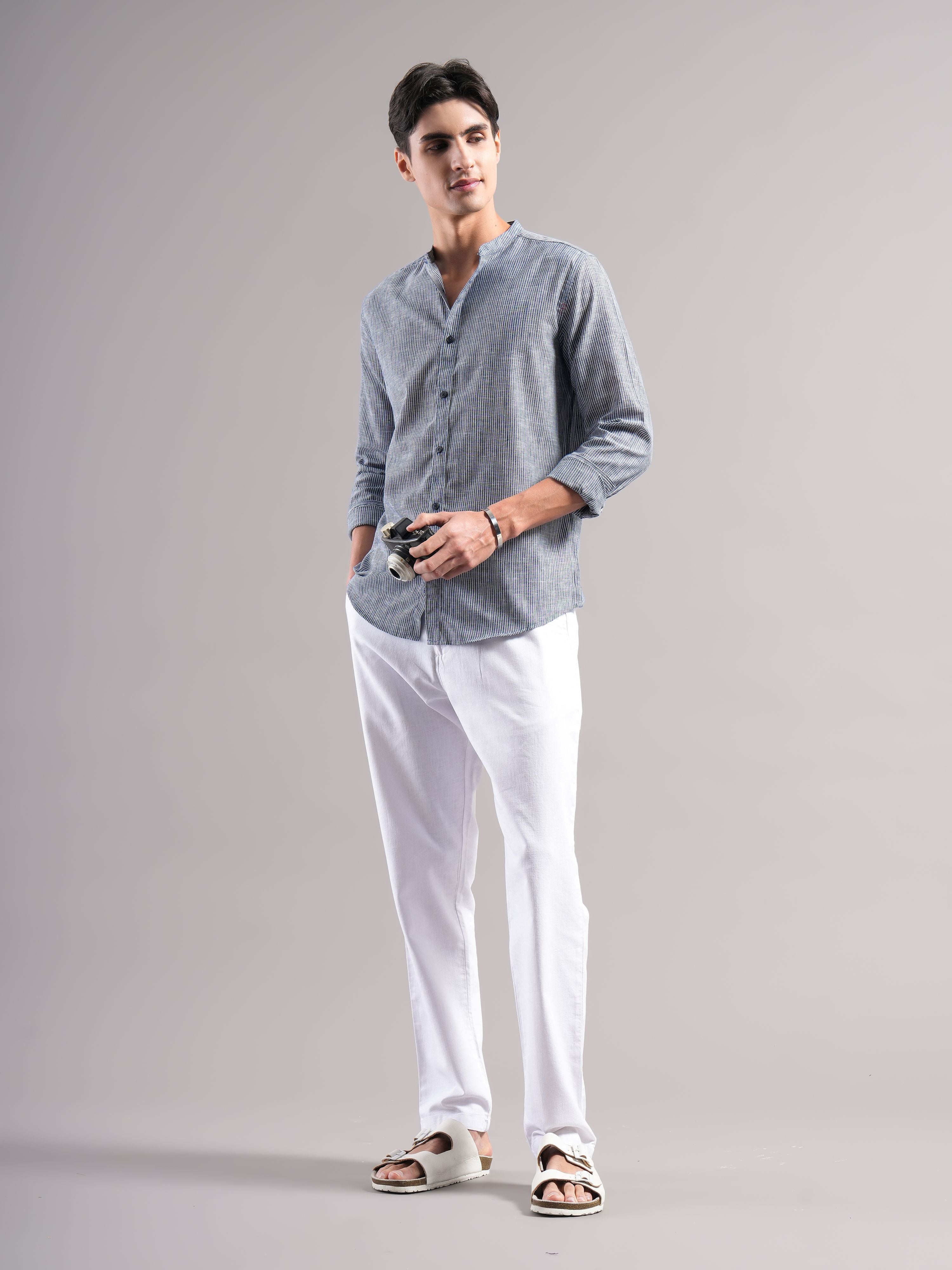 Men Navy Striped Casual Shirt
