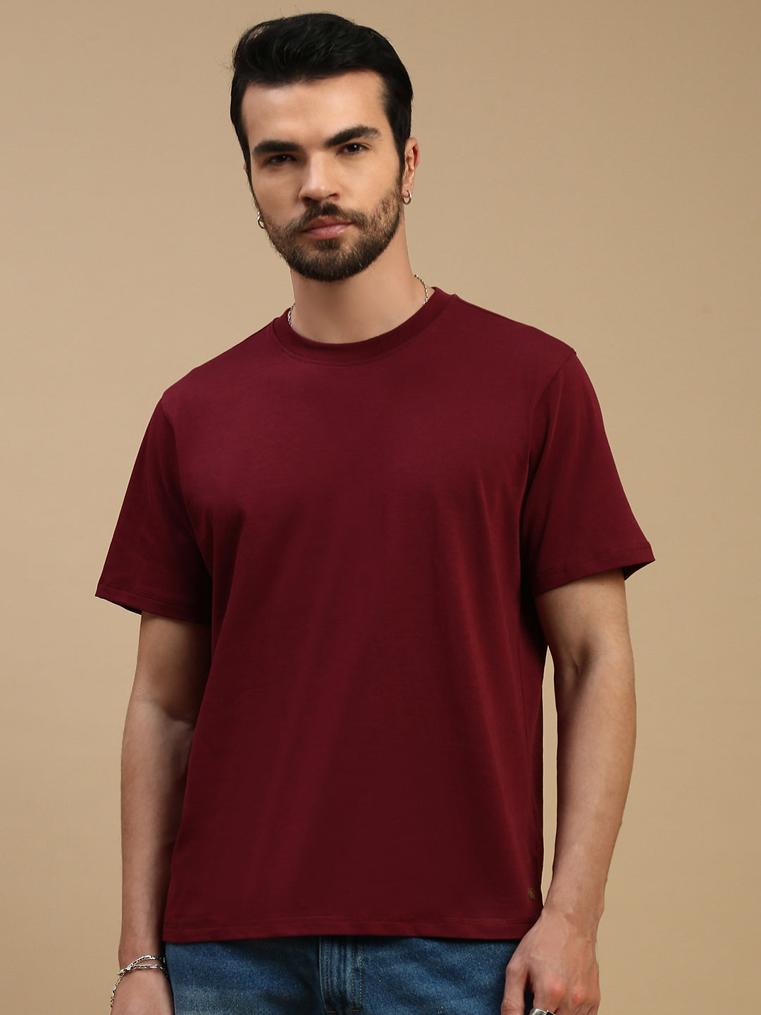 Men Burgundy V Neck T-Shirt