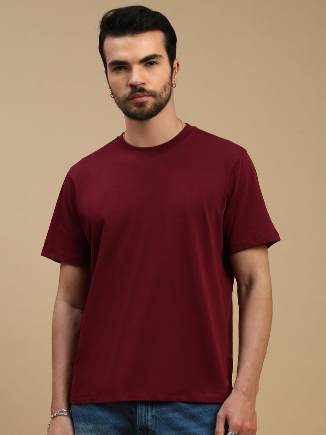 Men Burgundy V Neck T-Shirt