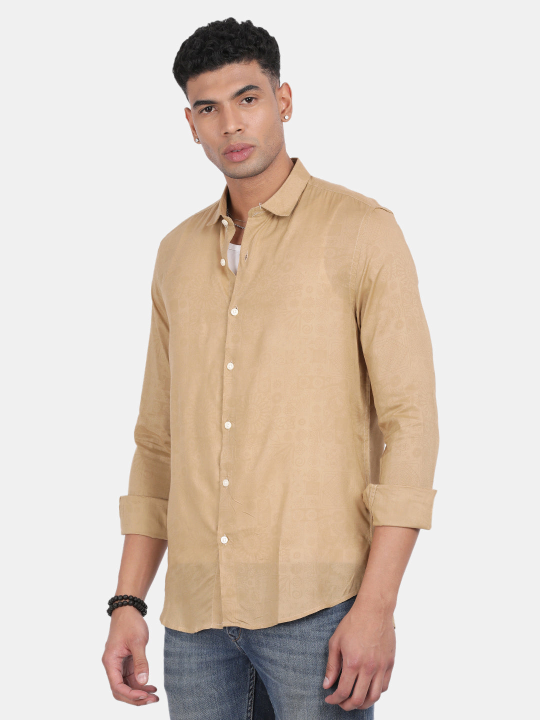 Men Gold Slim Fit Spread Collar Full Sleeve Casual Shirt